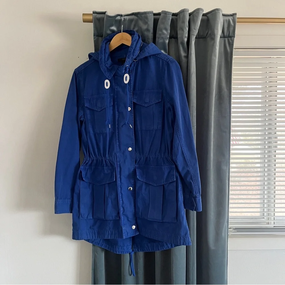 J Crew Women’s Blue Lagoon Fatigue Hooded Boyfriend Utility Jacket Cinch Waist - Picture 3 of 16